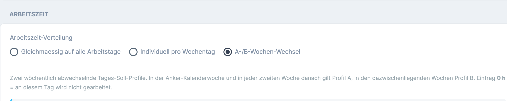 Bereich Arbeitszeit mit der Auswahl Arbeitszeit-Verteilung und der markierten Option A-/B-Wochen-Wechsel