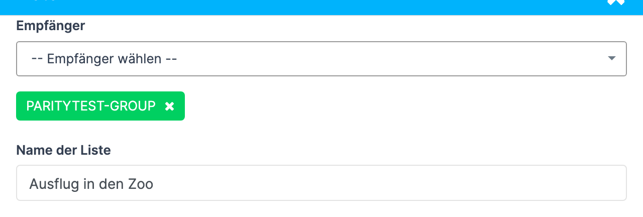 Dialog Liste mit Empfänger und Name der Liste