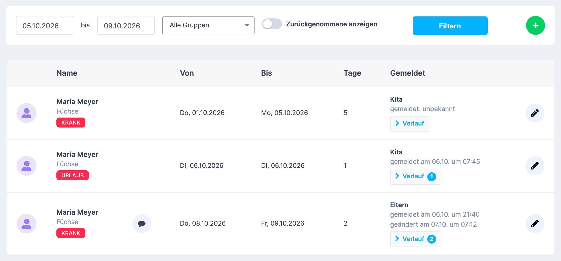 Abwesenheitsliste mit der Spalte Gemeldet , ein Eintrag mit Eltern , „gemeldet am …“ und „geändert am …“, ein älterer Eintrag mit „gemeldet: unbekannt“