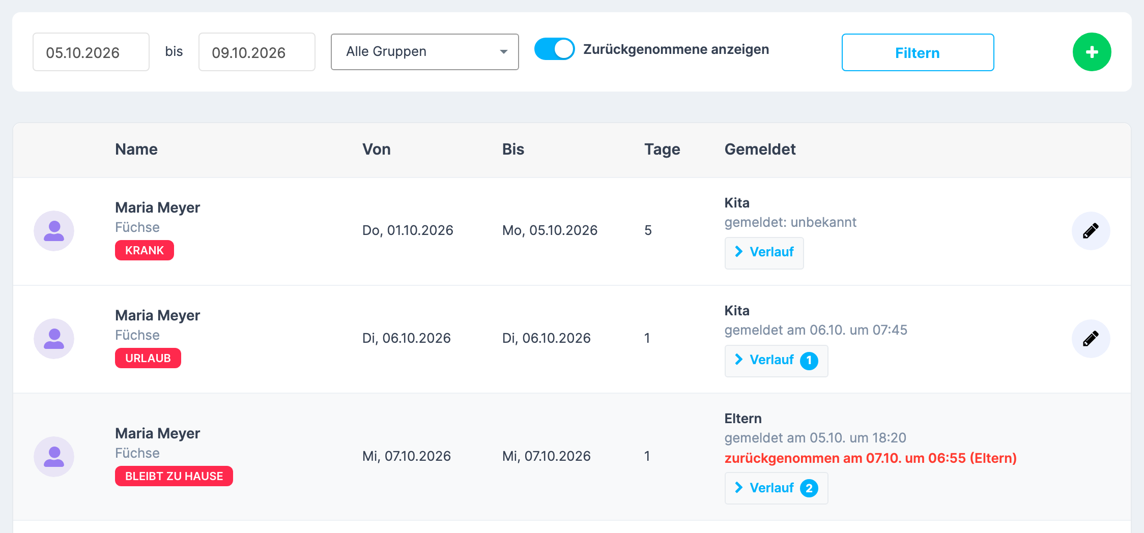 Abwesenheitsliste mit eingeschaltetem Schalter Zurückgenommene anzeigen , ein grau hinterlegter Eintrag mit „zurückgenommen am … (Eltern)“ ohne Stift
