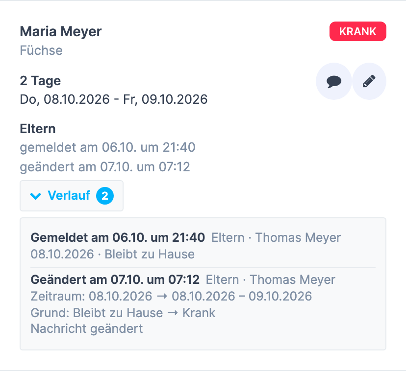 mobile Kartenansicht der Abwesenheitsliste mit Quelle, „gemeldet am …“ und aufgeklapptem Verlauf unter einer Karte