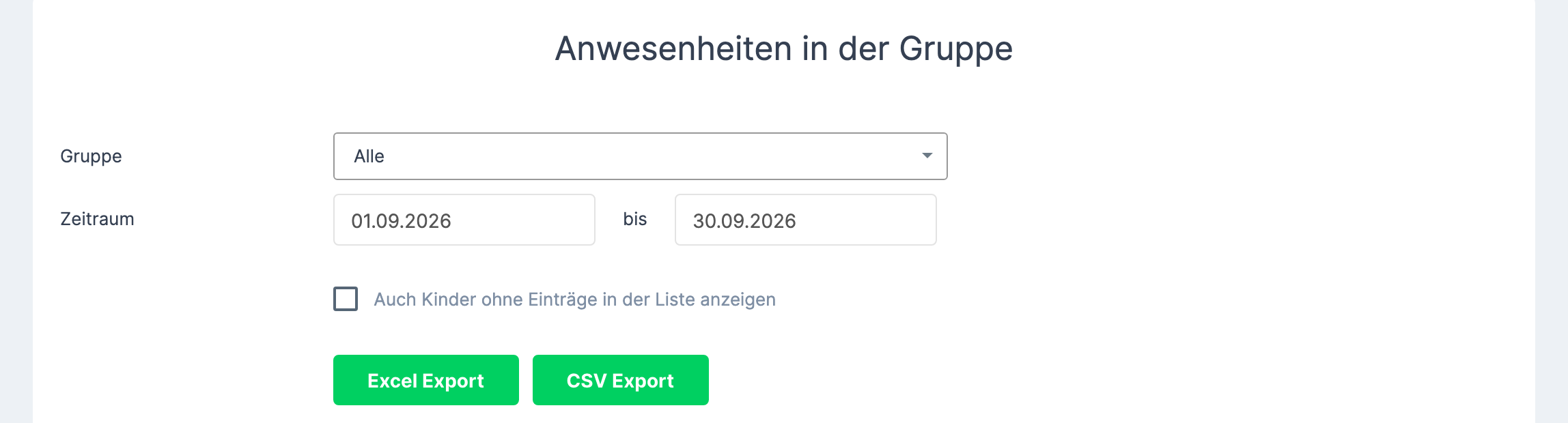 Formular Anwesenheiten in der Gruppe mit ausgewählter Gruppe, dem Zeitraum 01.09.2026 bis 30.09.2026 und den Schaltflächen Excel Export und CSV Export