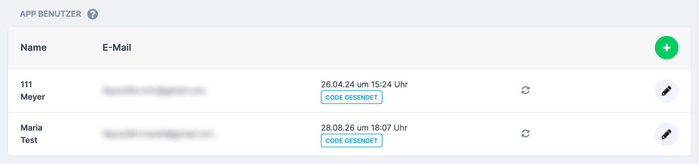 Abschnitt APP BENUTZER in der Familienansicht mit den hinterlegten Zugängen