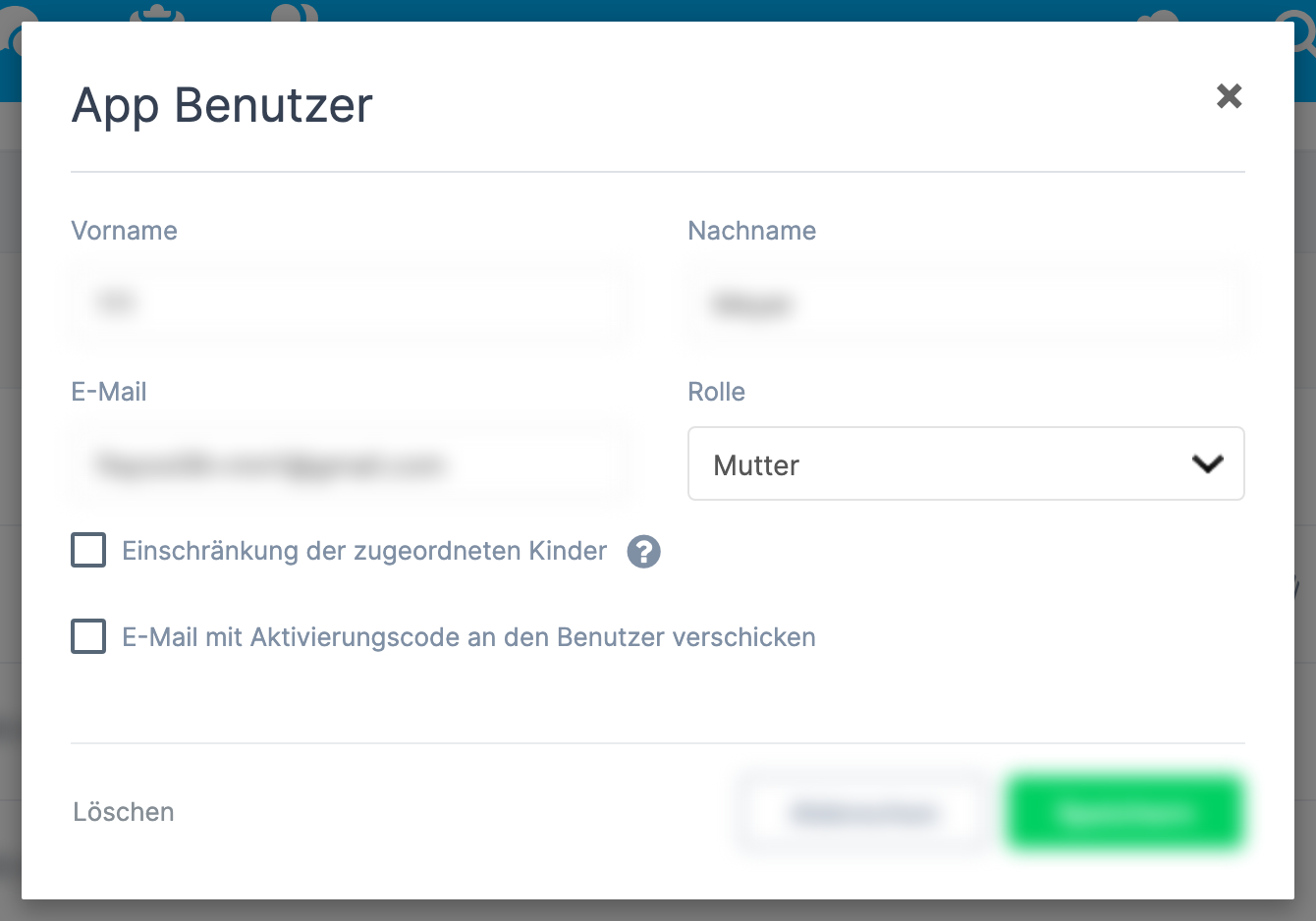 Fenster eines Eltern-Zugangs mit der Schaltfläche Löschen