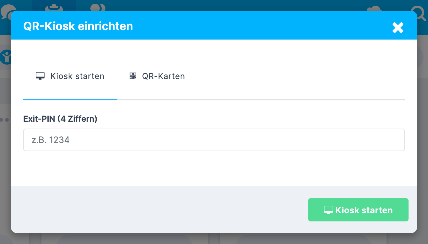 Fenster QR-Kiosk einrichten , Reiter Kiosk starten mit dem Feld Exit-PIN (4 Ziffern) und der Schaltfläche Kiosk starten