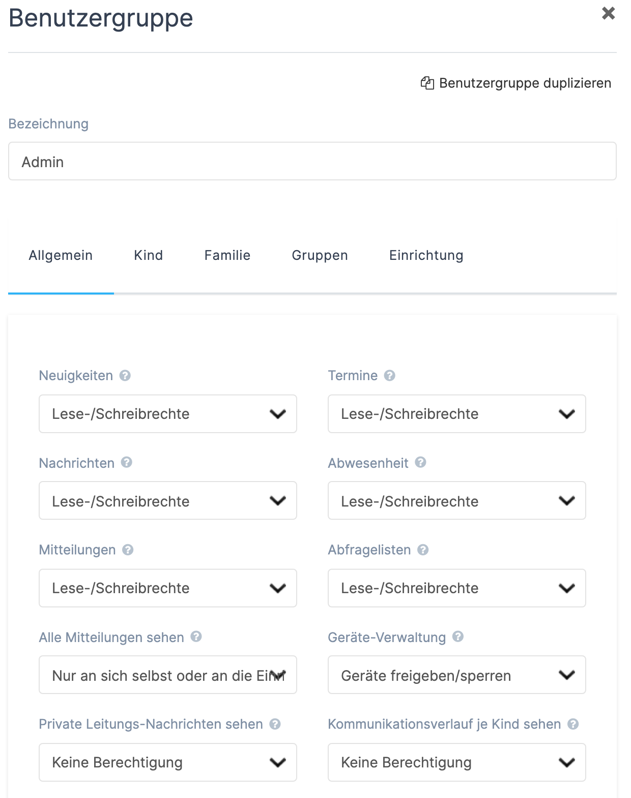 Bearbeitungsfenster einer Benutzergruppe mit den Rechte-Auswahlfeldern
