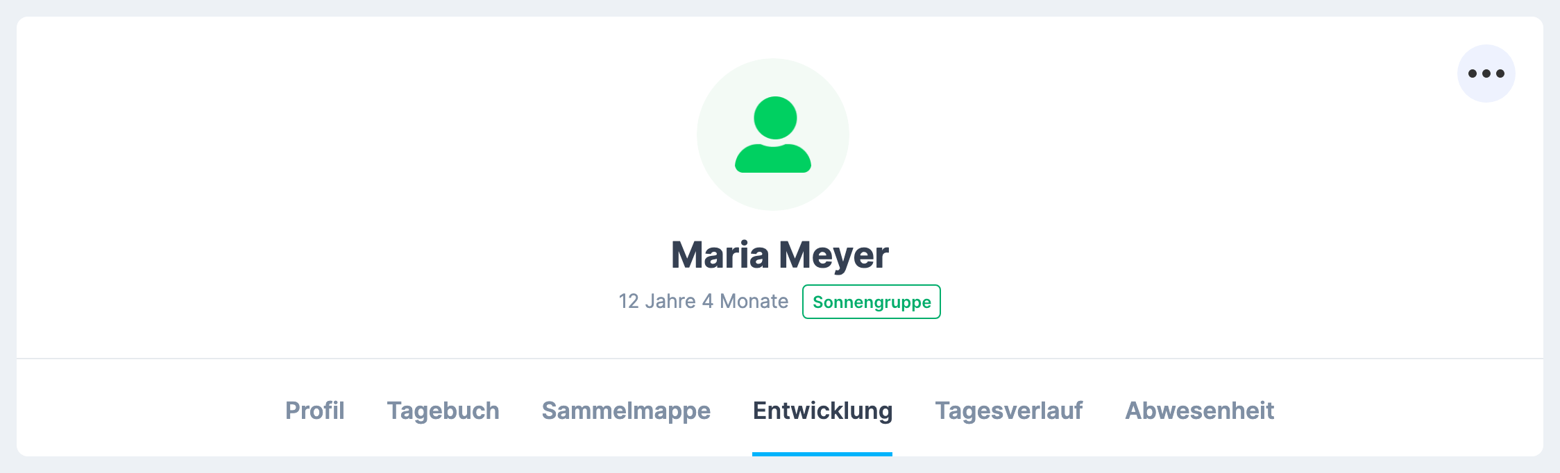 Kopf des Kinderprofils von Maria Meyer mit der Reiterleiste Profil , Tagebuch , Sammelmappe , Entwicklung , Tagesverlauf , Abwesenheit ; der Reiter Entwicklung ist hervorgehoben