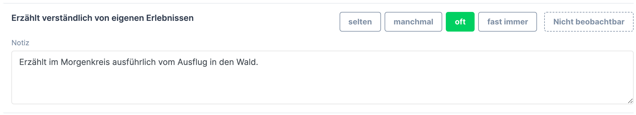 Eine Aussage im Halbjahresbogen mit aufgeklapptem Feld Notiz und einem kurzen Text darin