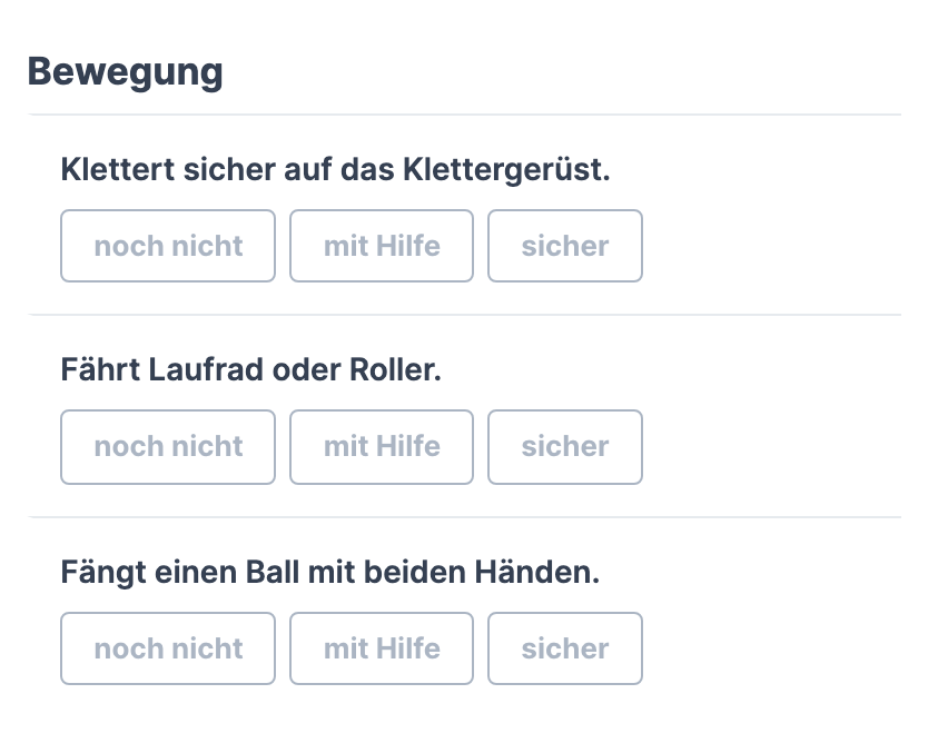 Karte Vorschau mit dem Abschnitt „Bewegung" und seinen drei Aussagen mit den Stufen „noch nicht", „mit Hilfe" und „sicher"
