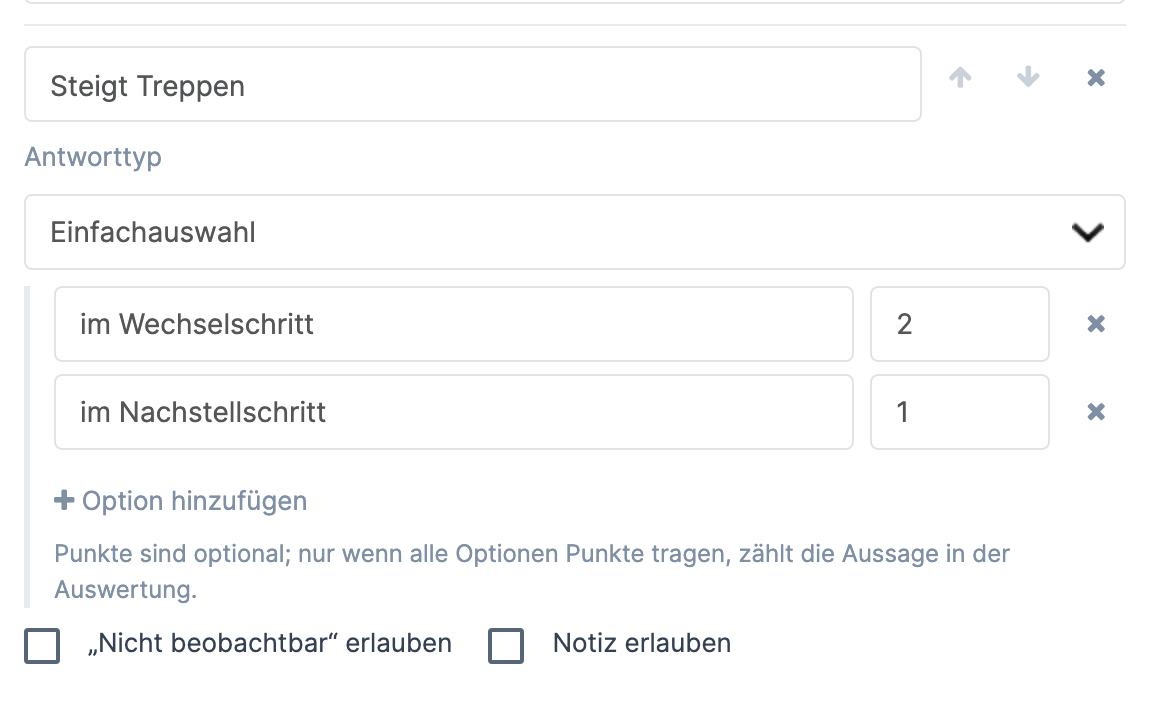 Eine Aussage mit Antworttyp Einfachauswahl : zwei Optionen mit Text und Punkte , das Kreuz zum Entfernen, Option hinzufügen und der Satz „Punkte sind optional …"