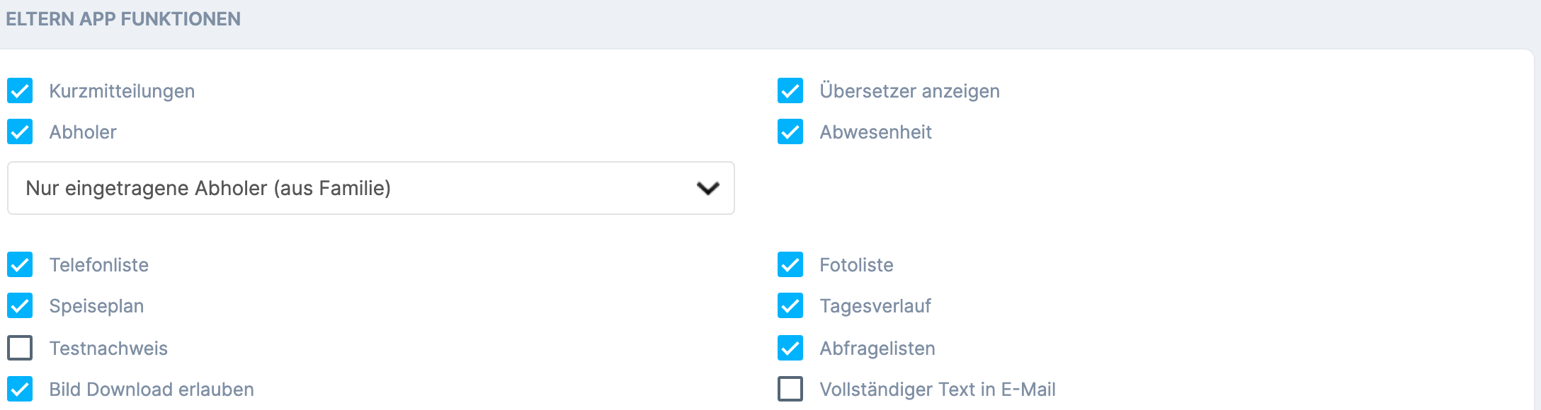 Kita-Konto, Einrichtung, Reiter Einstellungen , Reiter Eltern-App , Abschnitt ELTERN APP FUNKTIONEN mit dem Kontrollkästchen Bild Download erlauben