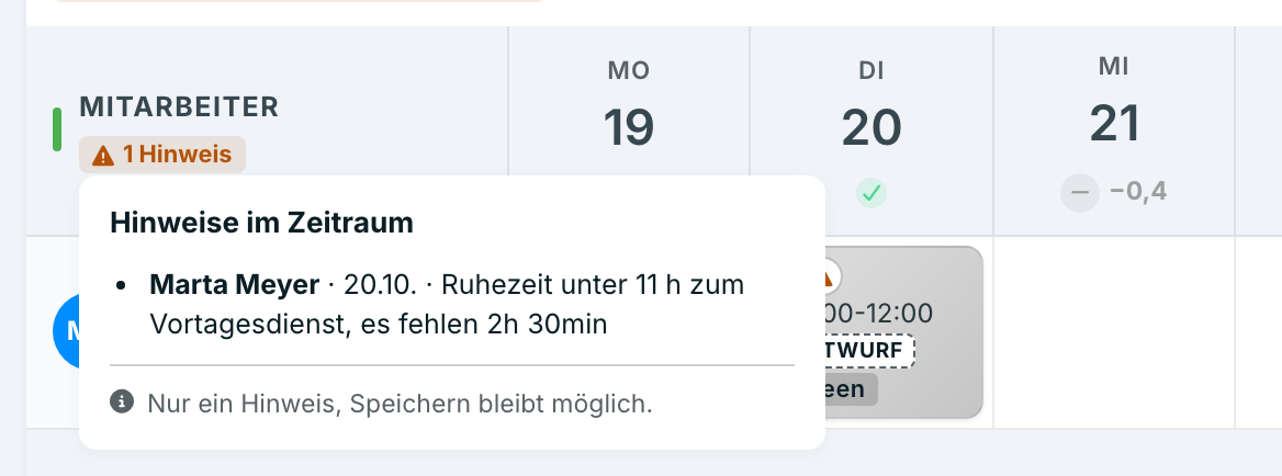 Trägerverwaltung, Wochenansicht KW 43 mit dem Zähler … Hinweise im Kopf der Namensspalte und der per Klick geöffneten Liste Hinweise im Zeitraum mit dem Ruhezeit-Hinweis zu Marta Meyer