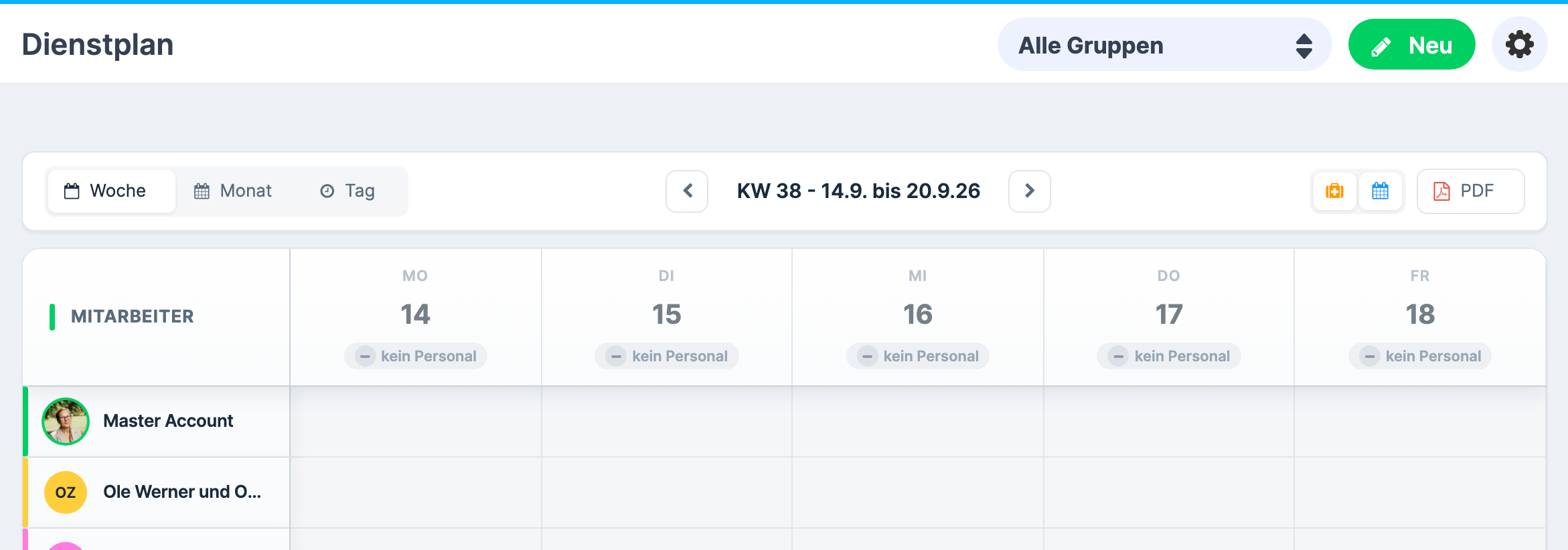 Dienstplan-Wochenansicht mit dem Neu -Button oben rechts