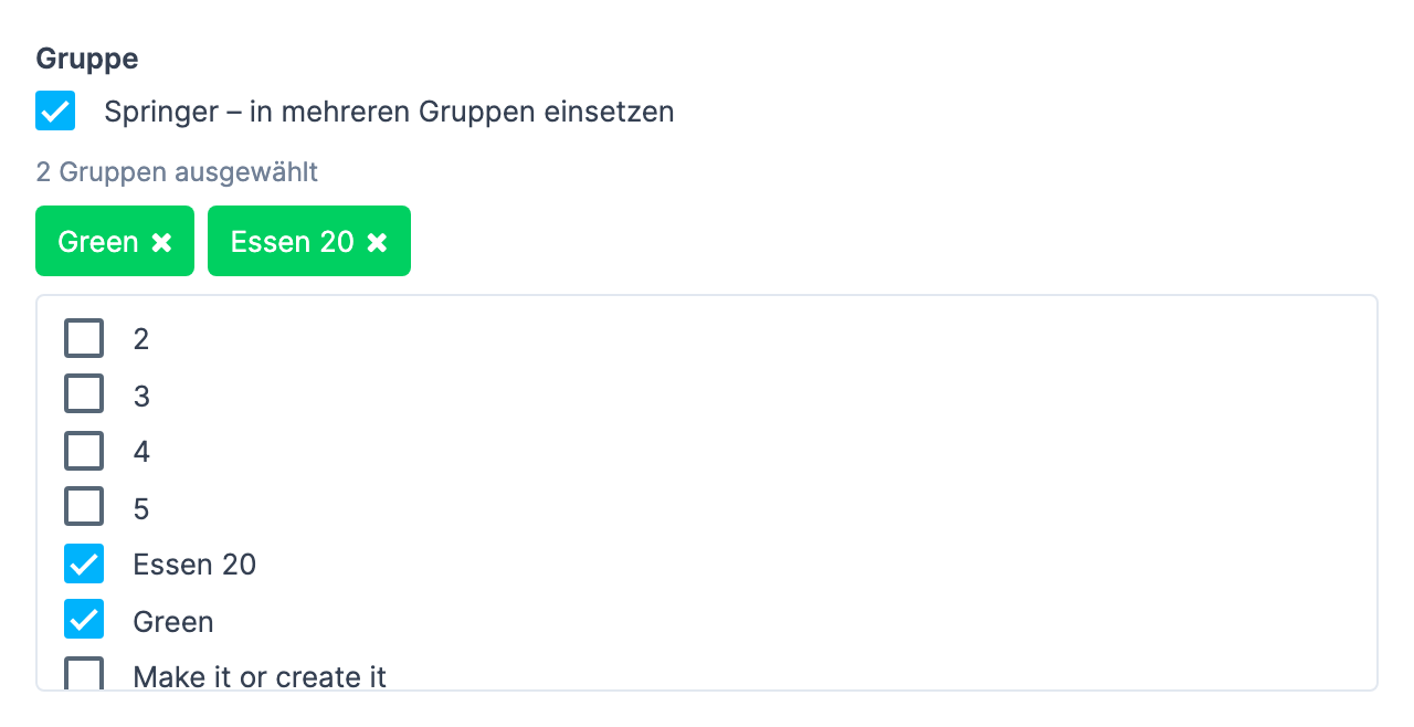 Aktivierter Schalter Springer – in mehreren Gruppen einsetzen mit Gruppen-Liste, Auswahl-Zähler und Marken