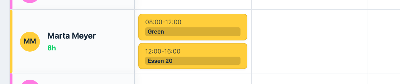 Zwei Dienste am selben Tag für dieselbe Person mit unterschiedlichen Uhrzeiten und Gruppen