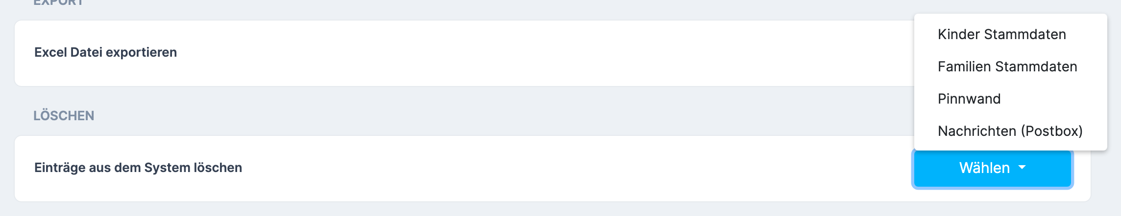 Seite Datenim-/export mit den Schaltflächen zum Löschen der vier Bereiche