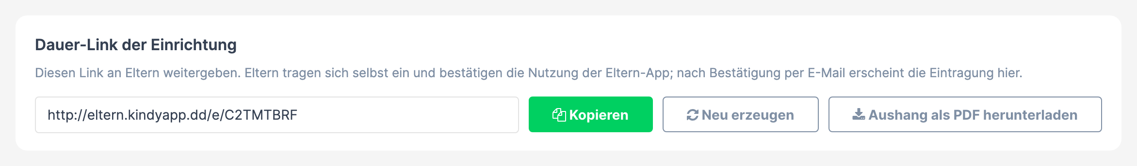 Karte Dauer-Link der Einrichtung mit Linkfeld und den drei Schaltflächen