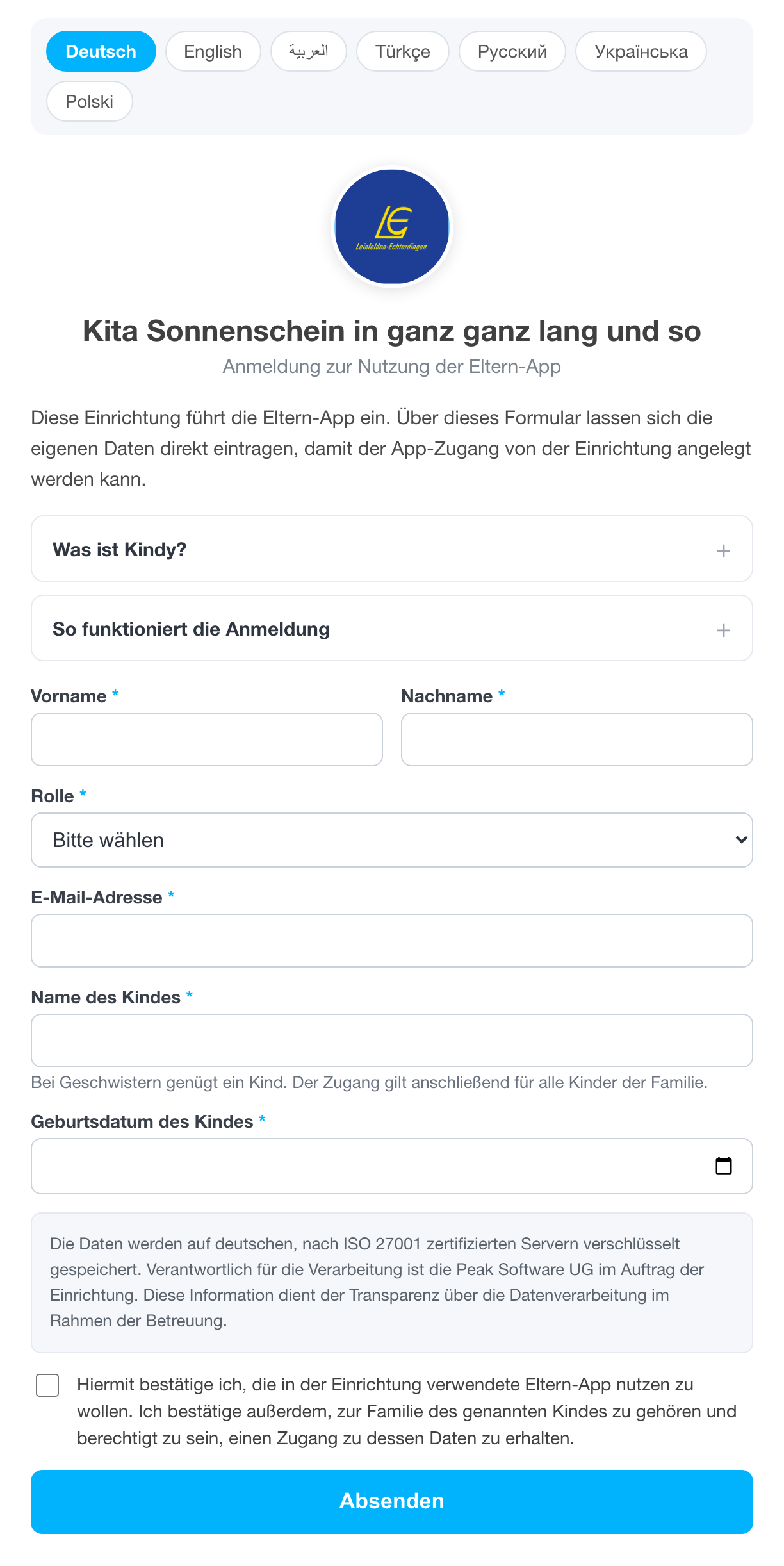 Öffentliches Formular mit Sprachleiste, Feldern und der Bestätigungs-Checkbox