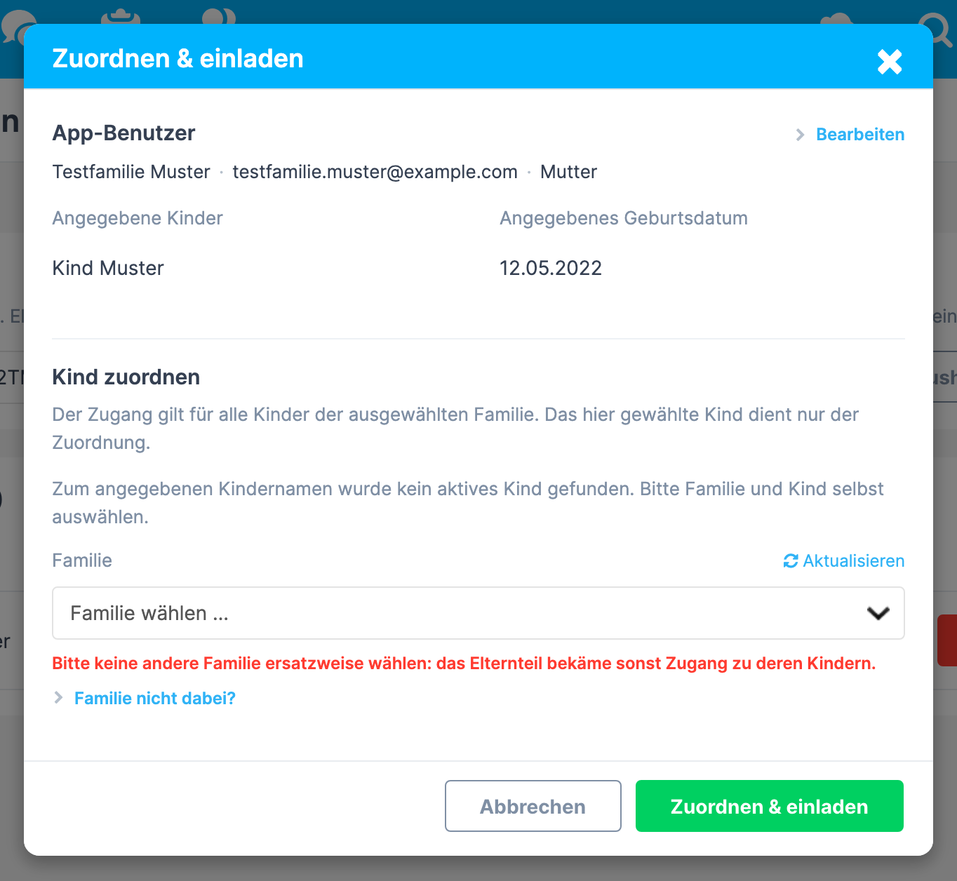 Fenster Zuordnen & einladen mit der Zusammenfassung App-Benutzer , den Feldern Angegebene Kinder und Angegebenes Geburtsdatum sowie dem Abschnitt Kind zuordnen mit einer Vorschlagszeile, die Geburtsdatum stimmt überein trägt