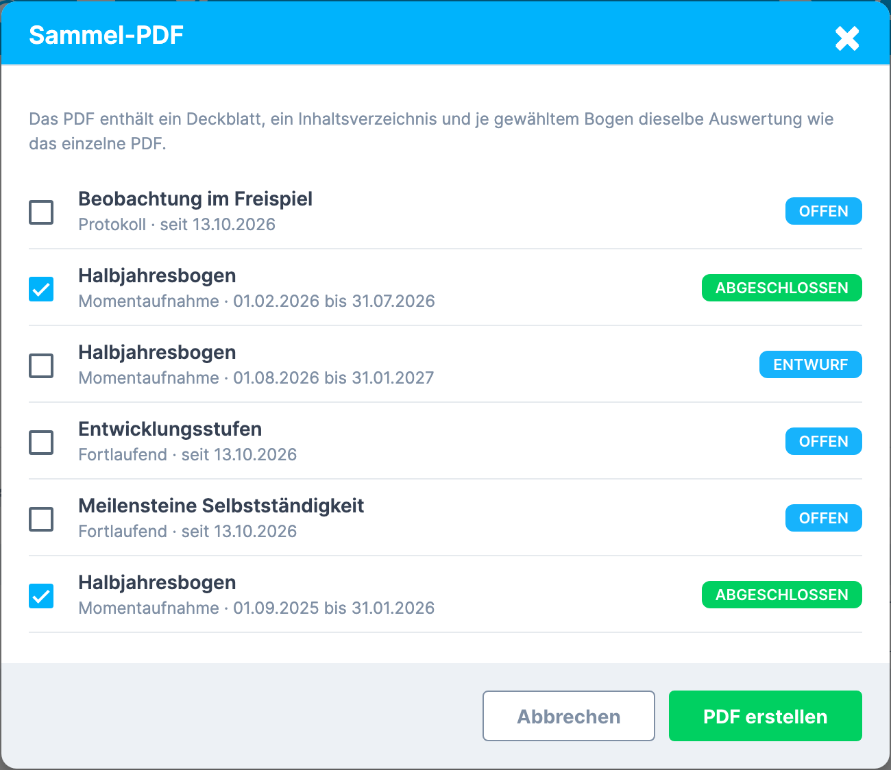 Fenster Sammel-PDF mit dem Hinweissatz oben, der Liste der Bögen von Maria Meyer mit Häkchen, die abgeschlossenen Momentaufnahmen „Halbjahresbogen“ angehakt, und unten den Schaltflächen Abbrechen und PDF erstellen