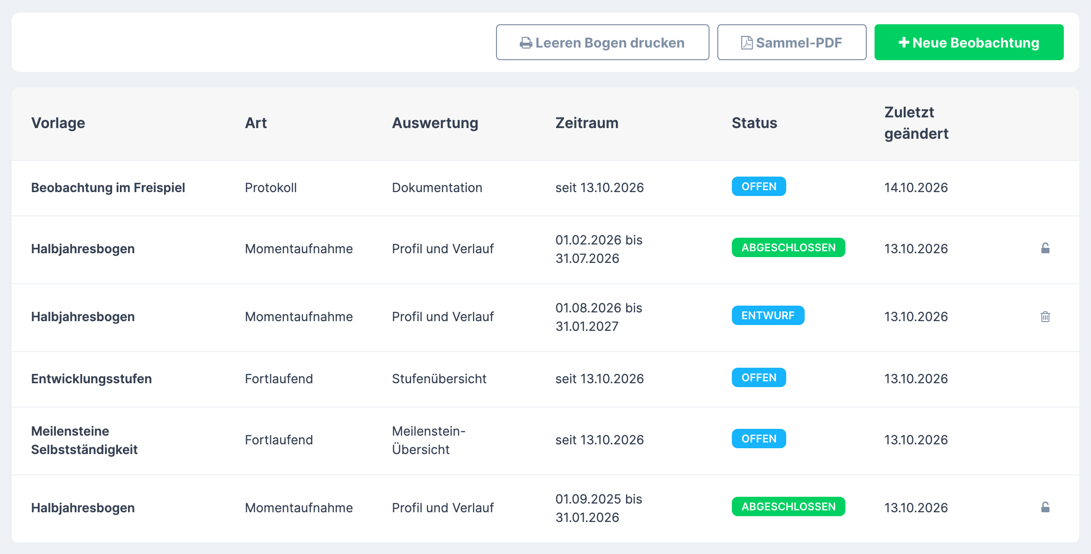 Reiter Entwicklung von Maria Meyer mit den Schaltflächen Leeren Bogen drucken , Sammel-PDF und Neue Beobachtung über der Liste der Bögen