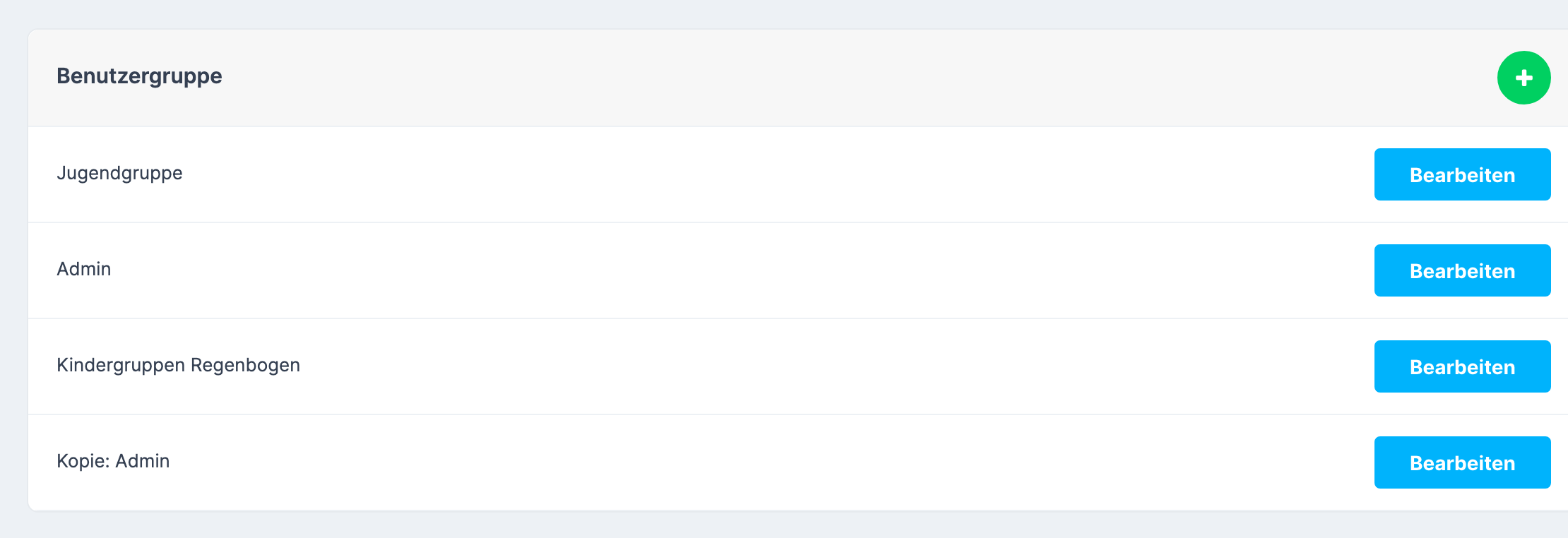 Seite Benutzerrechte mit der Tabelle Benutzergruppe und der Schaltfläche Bearbeiten in jeder Zeile