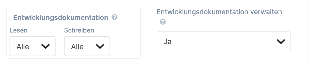 Benutzergruppe bearbeiten, Reiter Kind : Block Entwicklungsdokumentation mit Lesen und Schreiben und daneben Entwicklungsdokumentation verwalten