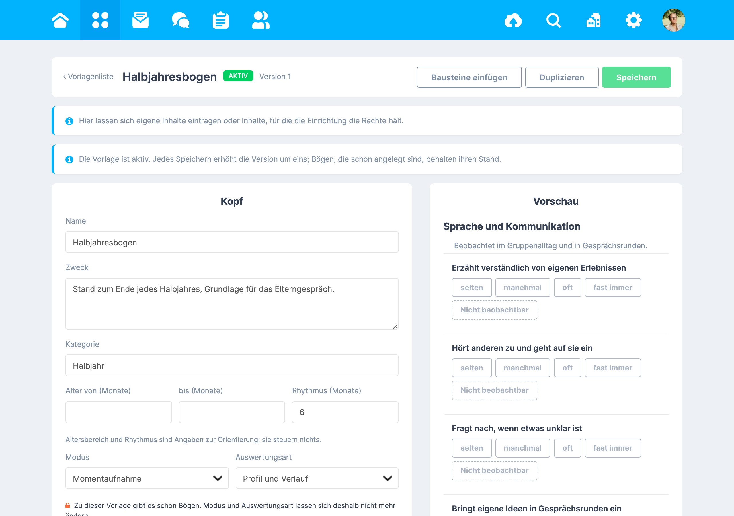 Vorlagen-Editor mit Kopf, Skala und Abschnitten links und der Vorschau rechts