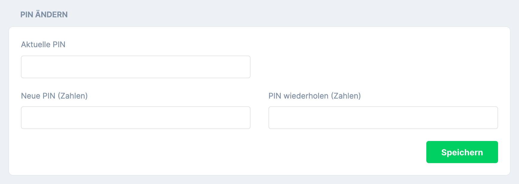 Mein Profil mit den Abschnitten PASSWORT ÄNDERN und PIN ÄNDERN