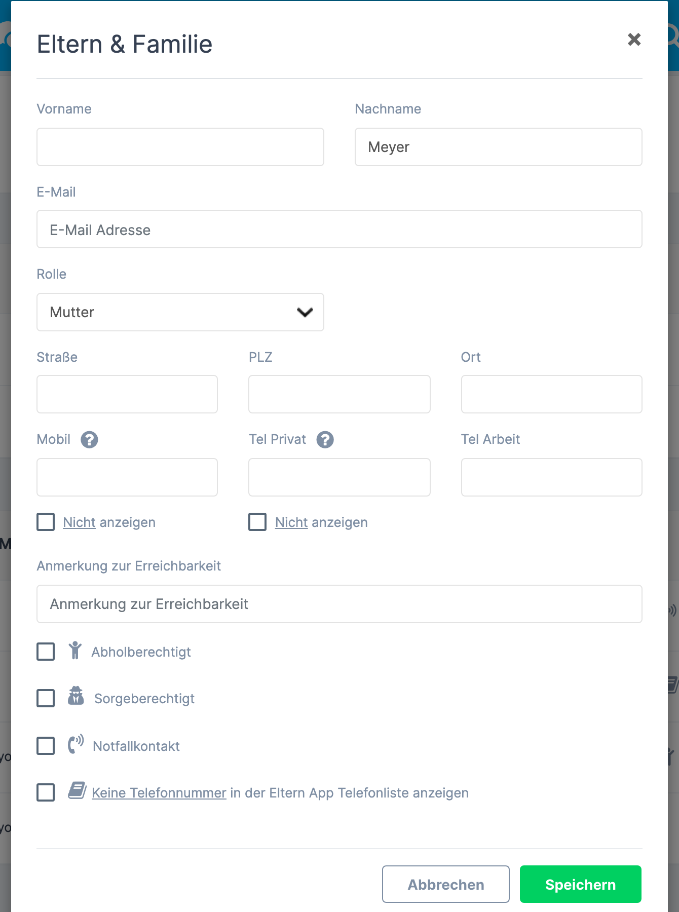 Fenster Eltern & Familie mit den Feldern Vorname , Nachname , E-Mail , Rolle und den Telefonfeldern