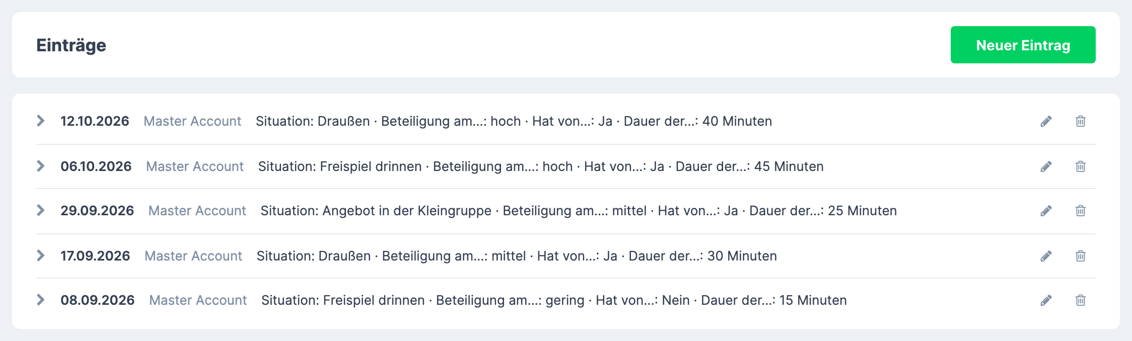 Geöffnetes Protokoll „Beobachtung im Freispiel" mit der Überschrift Einträge , der Schaltfläche Neuer Eintrag und darunter der Liste der fünf Einträge