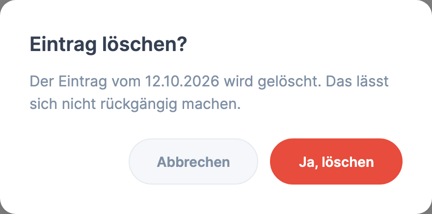 Rückfrage Eintrag löschen? mit dem Satz zum Datum des Eintrags und den Schaltflächen Abbrechen und Ja, löschen
