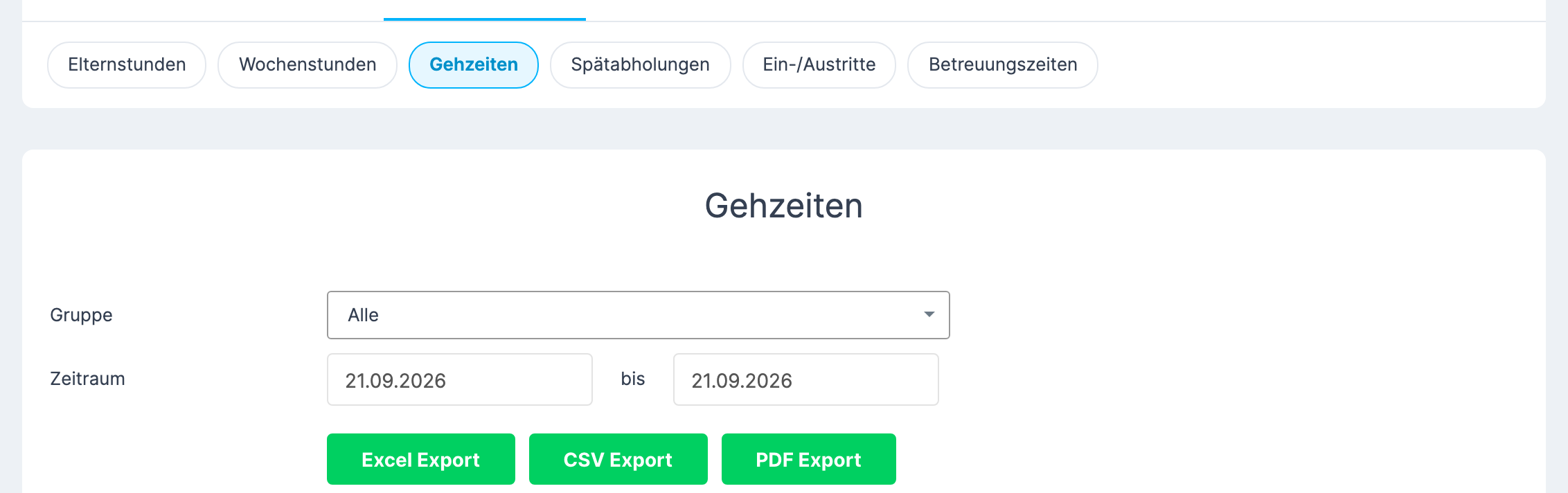 Bericht Gehzeiten mit Gruppe , Zeitraum und den drei Export-Schaltflächen