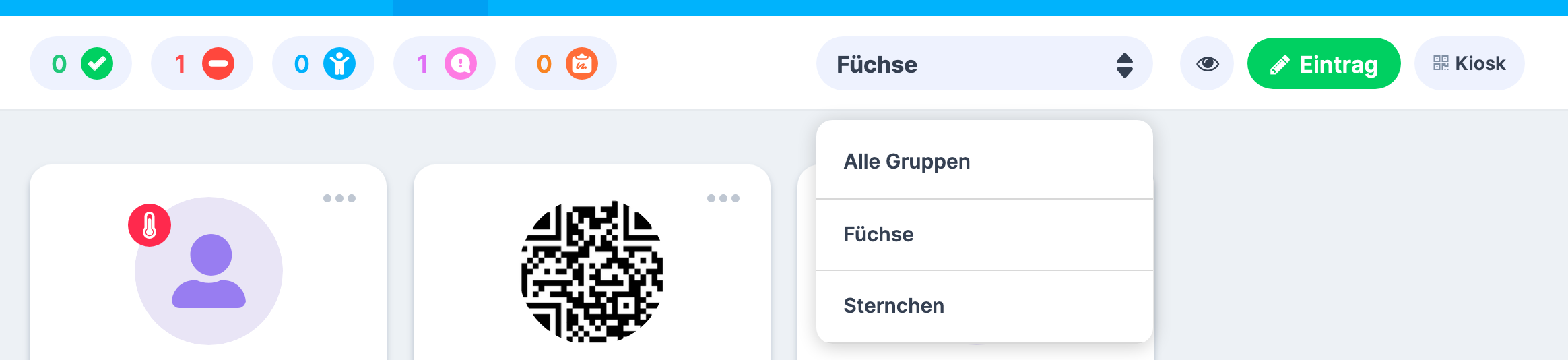 Kopfzeile der Gruppenansicht mit geöffneter Gruppenauswahl, zuoberst Alle Gruppen