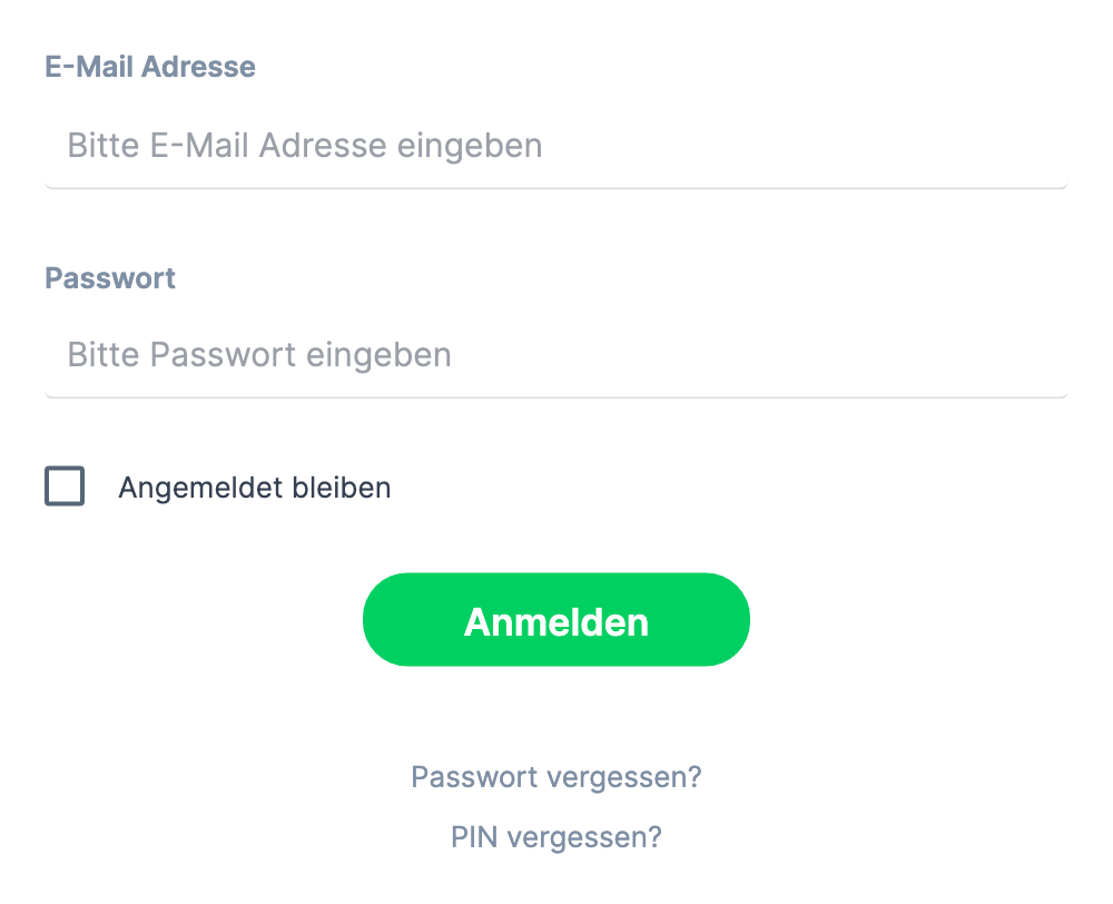 Anmeldeformular mit E-Mail Adresse , Passwort , Angemeldet bleiben , Anmelden und darunter Passwort vergessen? und PIN vergessen?
