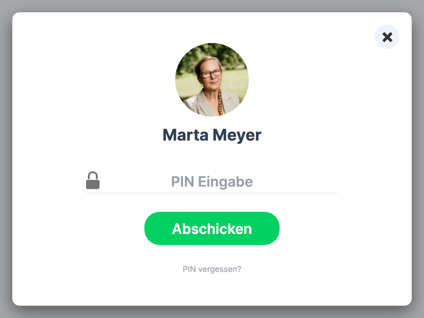 Fenster mit Bild und Namen der Person, dem Feld PIN Eingabe , dem Knopf Abschicken und PIN vergessen?