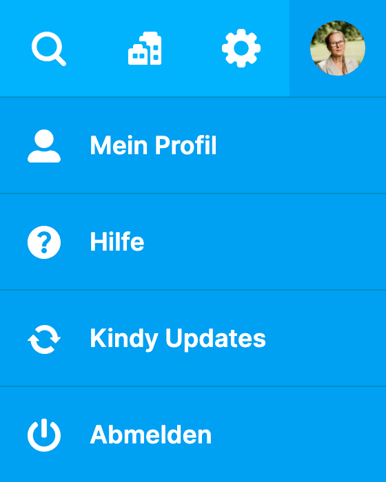 geöffnetes Menü hinter dem eigenen Bild oben rechts mit Mein Profil , Hilfe , Kindy Updates und Abmelden