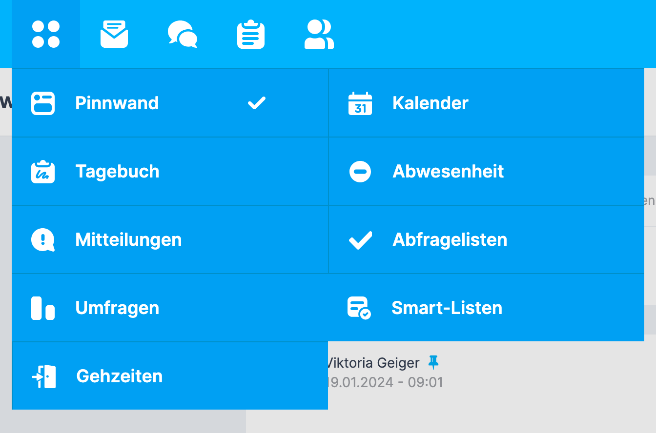 geöffnetes Menü Apps mit den Einträgen Pinnwand , Tagebuch und Mitteilungen
