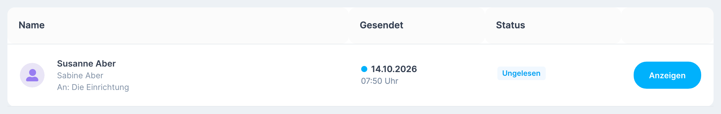 Liste Mitteilungen mit den Spalten Name , Gesendet und Status , eine Zeile mit Ungelesen und dem Knopf Anzeigen