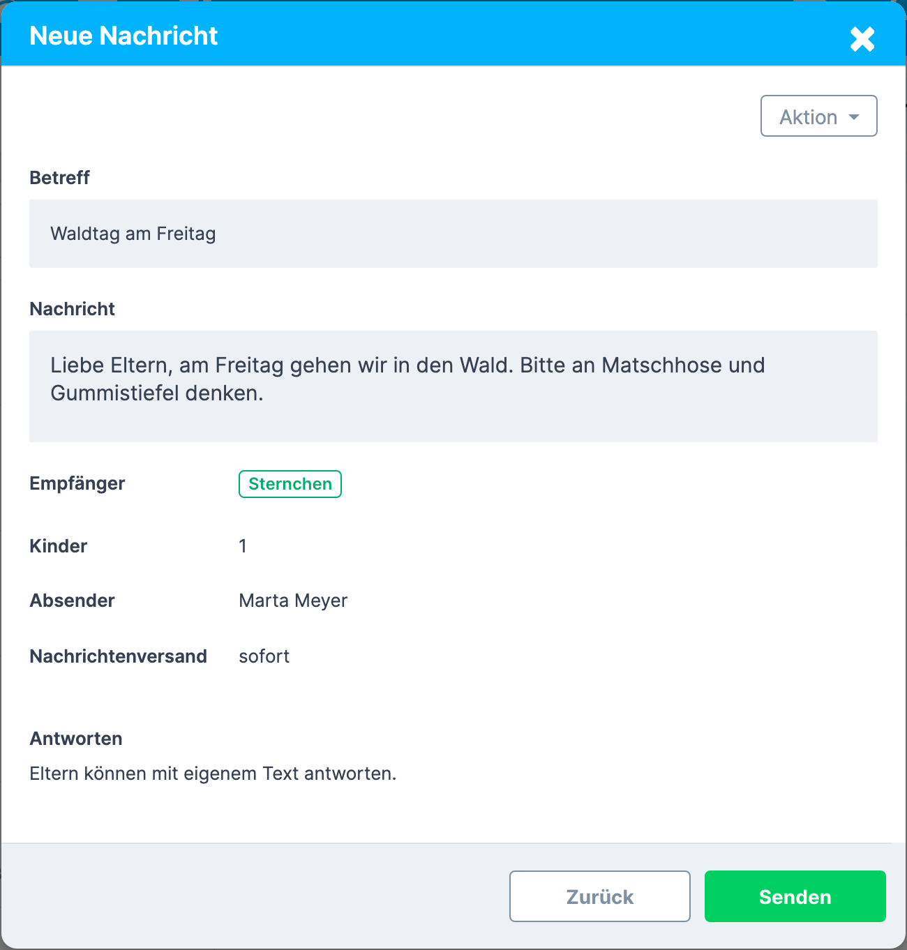Kontrollansicht mit Betreff, Nachricht, Empfänger und den Knöpfen Zurück und Senden