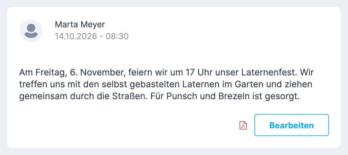 ein Beitrag in der Liste mit Verfasser, Datum, Text und dem Knopf Bearbeiten