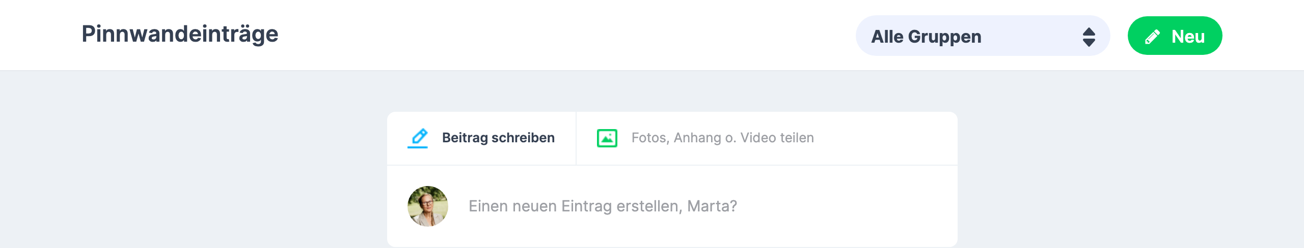Kopf der Seite Pinnwandeinträge mit der Auswahl Alle Gruppen , dem Knopf Neu und dem Feld Beitrag schreiben