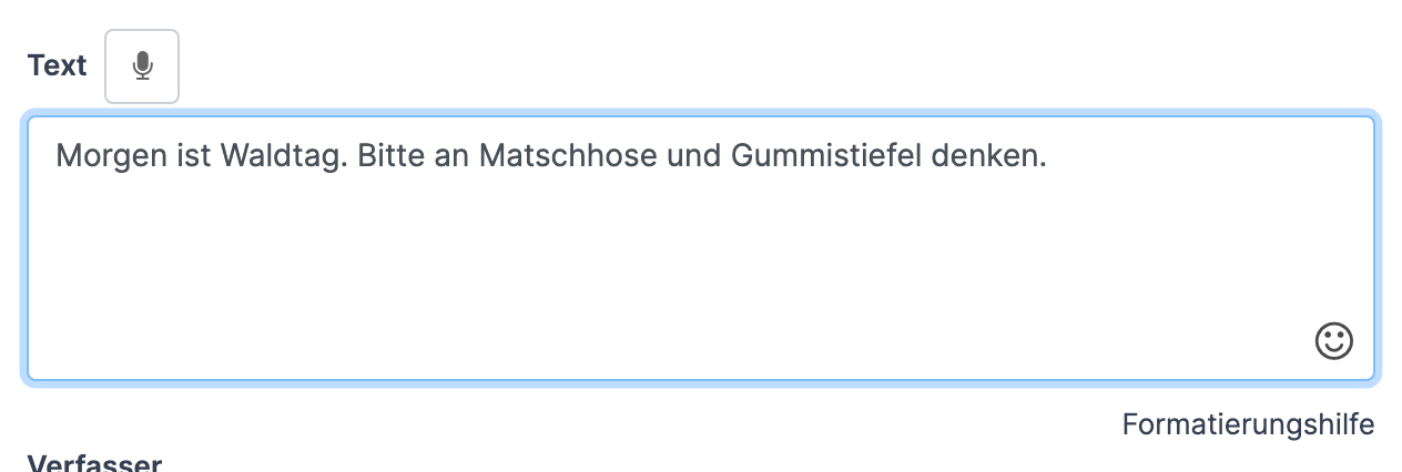 Feld Text mit einem kurzen Beitrag, darunter Formatierungshilfe