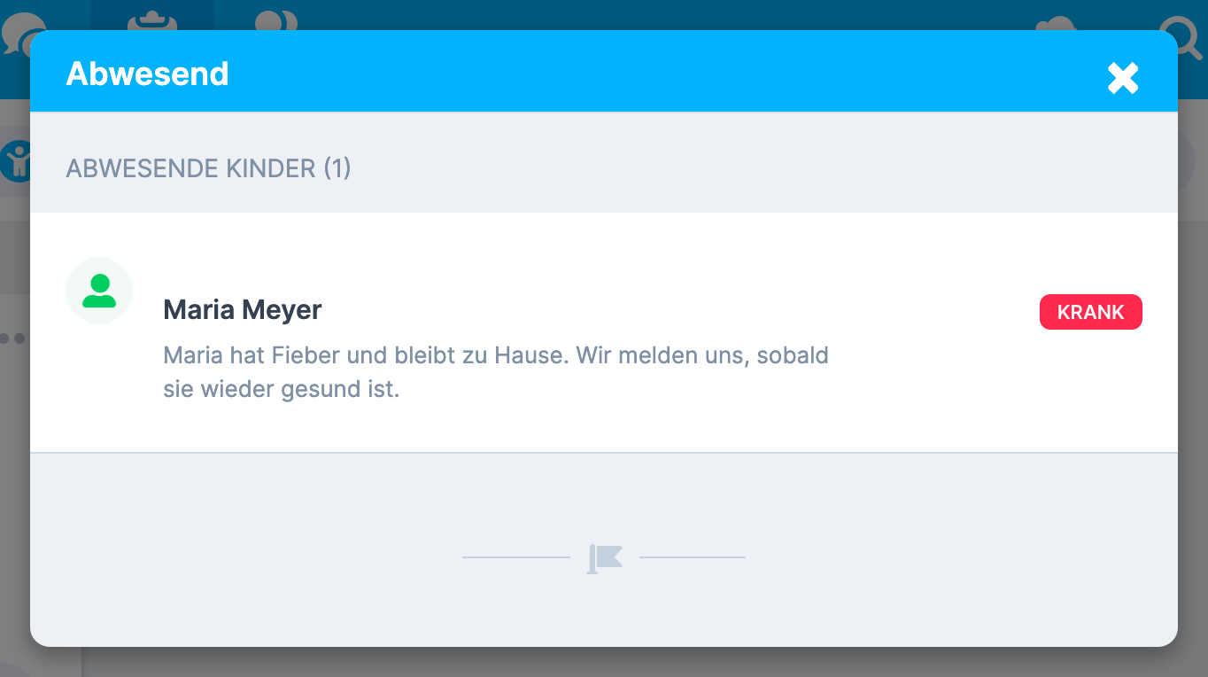 Fenster Abwesend mit Abwesende Kinder , einem Kind mit der Nachricht der Eltern und rechts dem roten Kennzeichen Krank