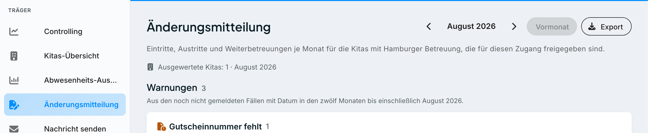 Trägerverwaltung, Seitenleiste mit dem Menüpunkt Änderungsmitteilung (Symbol Dokument mit Unterschrift), rechts die geöffnete Seite mit dem Titel Änderungsmitteilung , der Monatsangabe August 2026 mit den beiden Pfeilen, der Schaltfläche Vormonat und der Schaltfläche Export