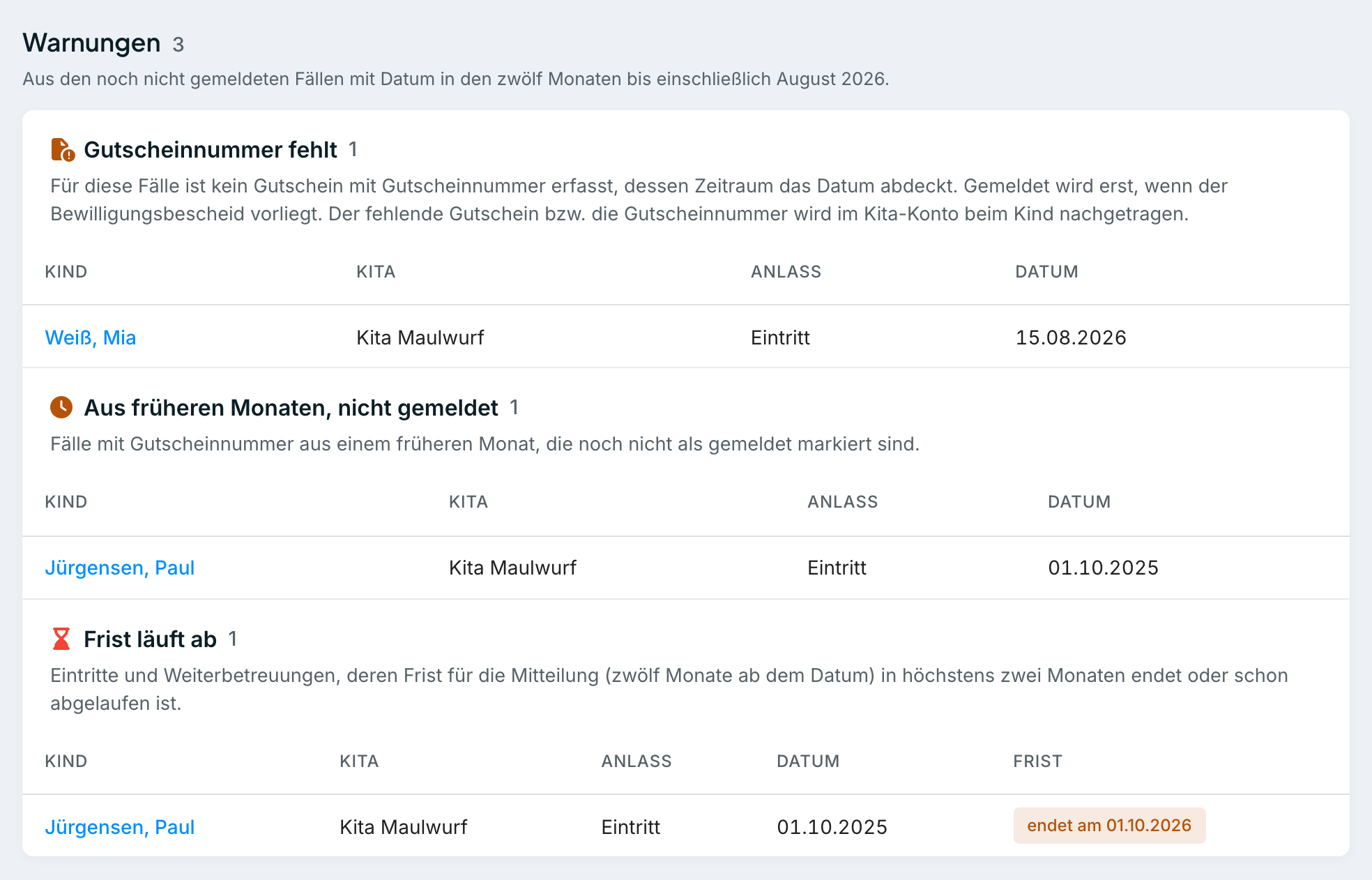 Trägerverwaltung, Seite Änderungsmitteilung August 2026, Bereich Warnungen mit den Gruppen Gutscheinnummer fehlt , Aus früheren Monaten, nicht gemeldet und Frist läuft ab , jeweils mit Hinweistext, und in der letzten Gruppe die Spalte Frist mit einem Chip endet am …