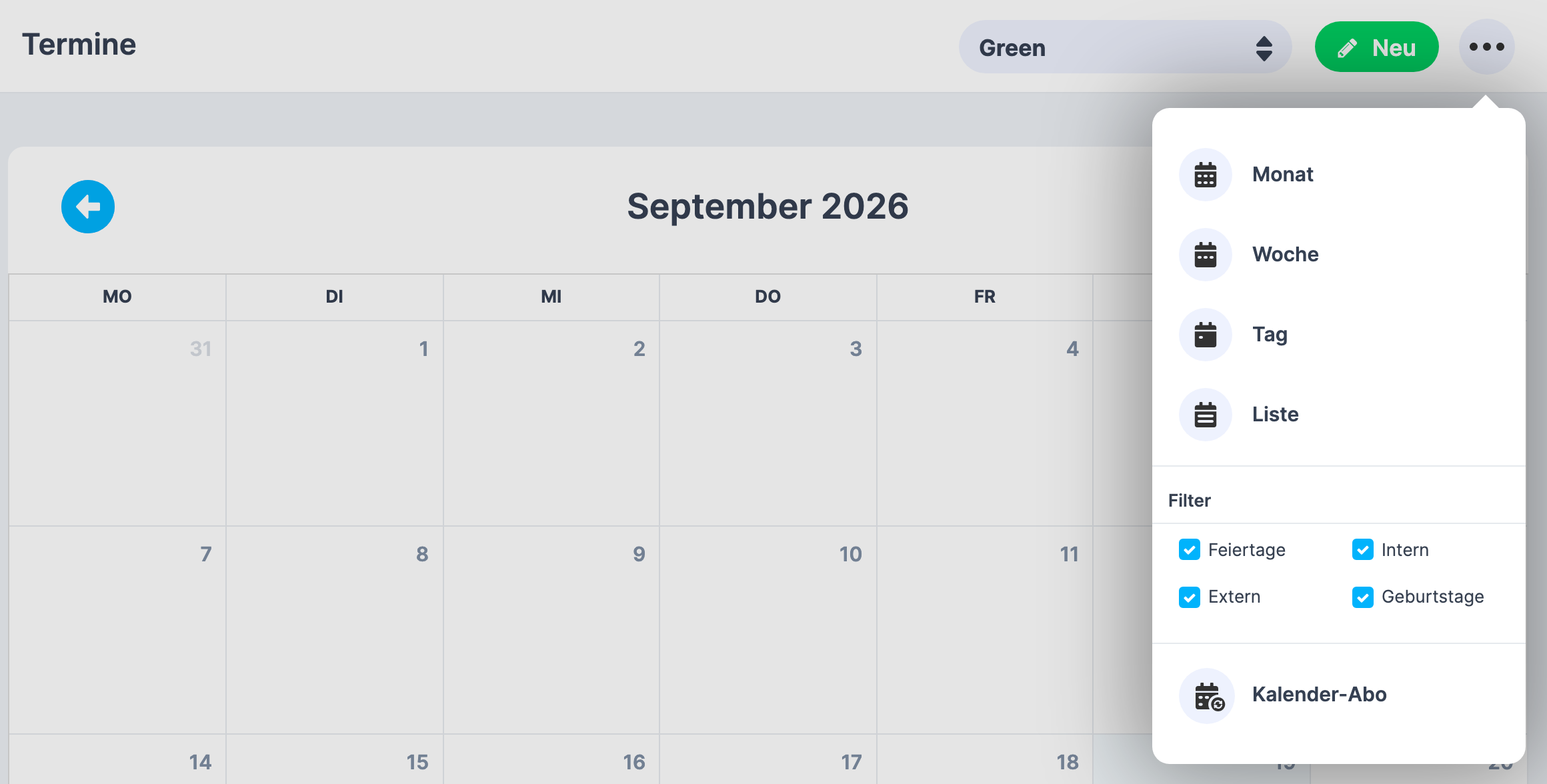 Seite Termine , geöffnetes Mehr-Menü mit den Einträgen Monat , Woche , Tag , Liste , dem Abschnitt Filter mit Feiertage , Intern , Extern , Geburtstage und darunter dem Eintrag Kalender-Abo