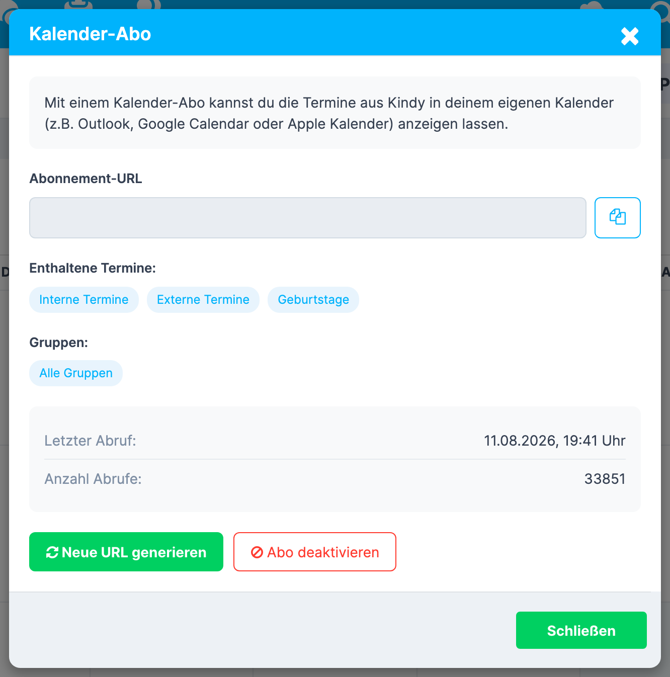 Fenster Kalender-Abo bei bereits bestehendem Abo: Erklärtext, Abonnement-URL (im Bild unkenntlich), Enthaltene Termine: , Gruppen: sowie Neue URL generieren und Abo deaktivieren