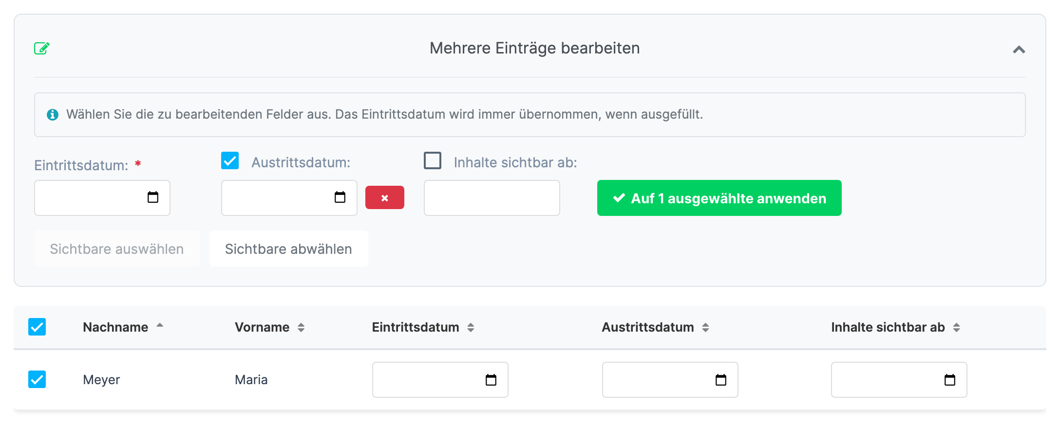 Sammelbearbeitung "Mehrere Einträge bearbeiten" mit ausgewählten Kindern