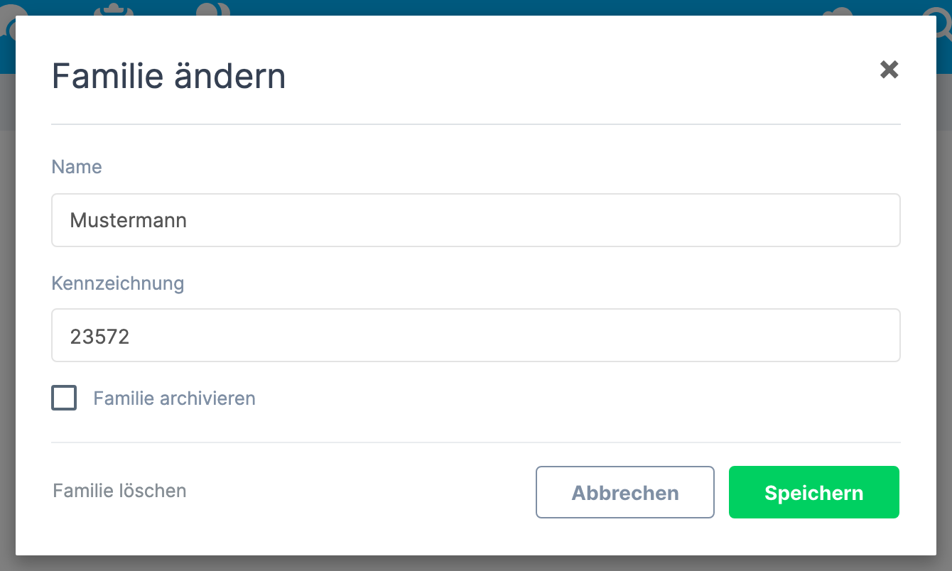 Bearbeitungsfenster der Familie mit der Option "Familie archivieren"